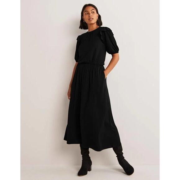 Boden Ruffle Jersey Midi Dress Black Short Sleeve Size 4 EUC Work - Picture 9 of 10